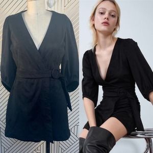 Zara Black Faux Suede Skirted Belted Romper